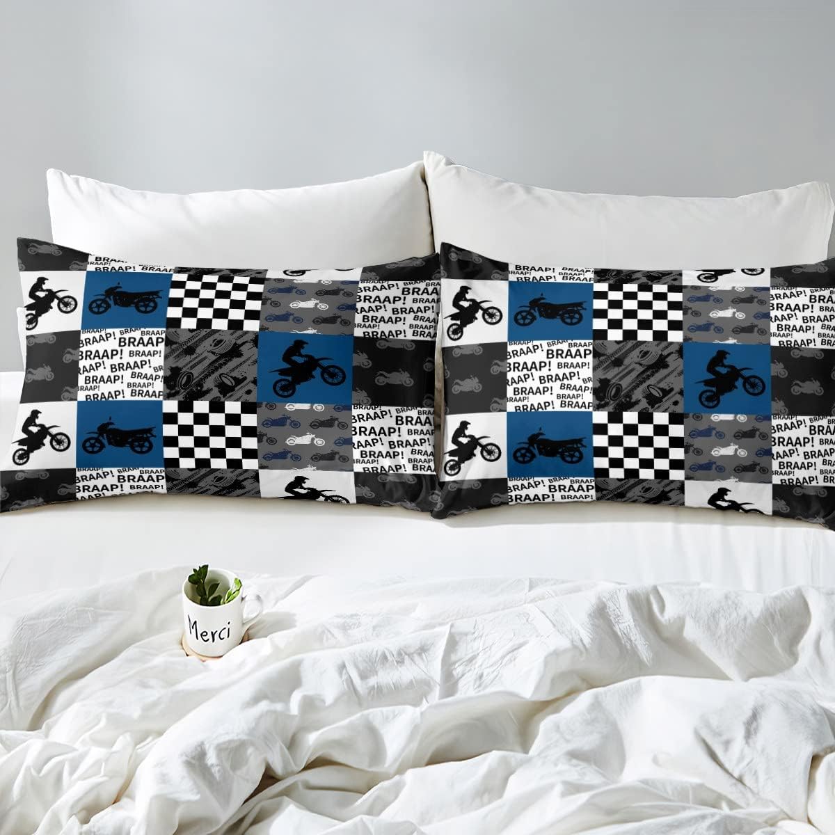 Dirt Bike Bedding Set Full Black Grey Blue Motocross Rider Sheet Set Kids Boys Teens Men Bedroom Racing Themed Patchwork Grid Packet Fitted Sheet Fashion Motorcycle Silhouette Top Flat Sheet 4Pcs - Image 6