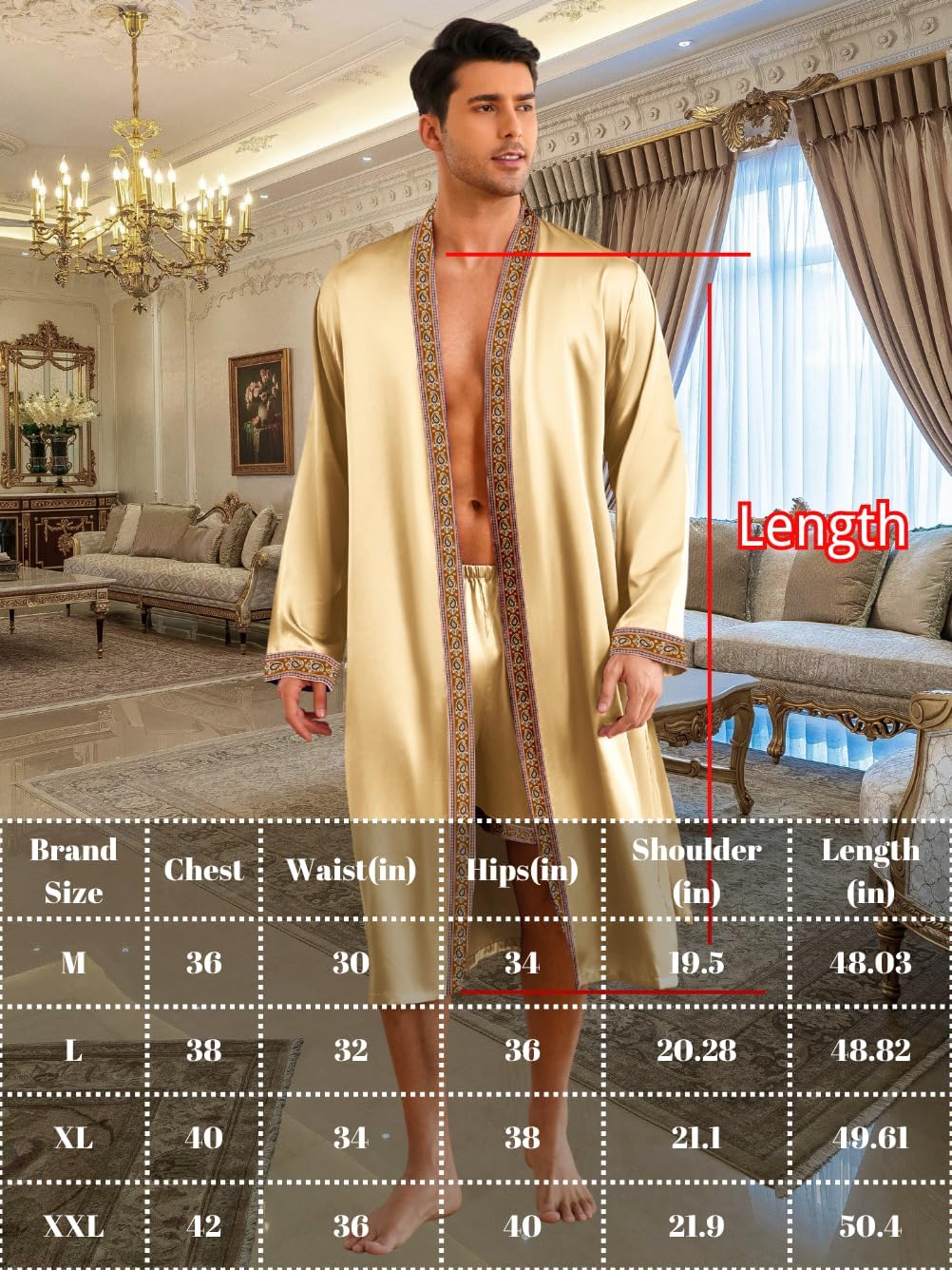 Mens Satin Bath Robe with Shorts Set, Silk Paisley Kimono Lightweight, Soft Long Sleeve Sleepwear - Image 4