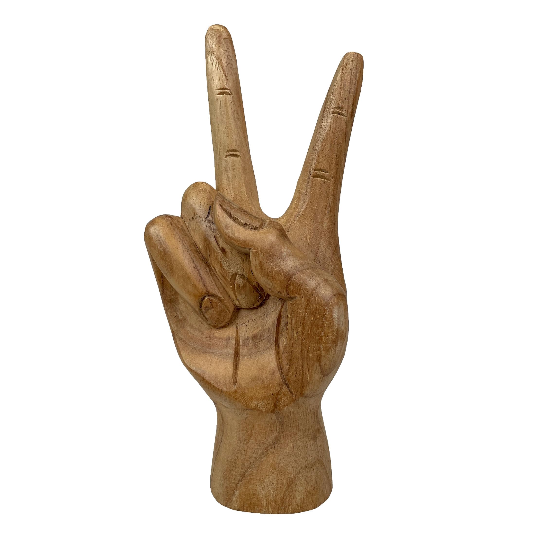Zeckos Hand-Carved Peace Sign Hand Gesture Statue - Natural Finish Boho Tabletop Decor Accent, Standing 7.75 Inches High - Great for Bedrooms, Bathrooms and Dorms