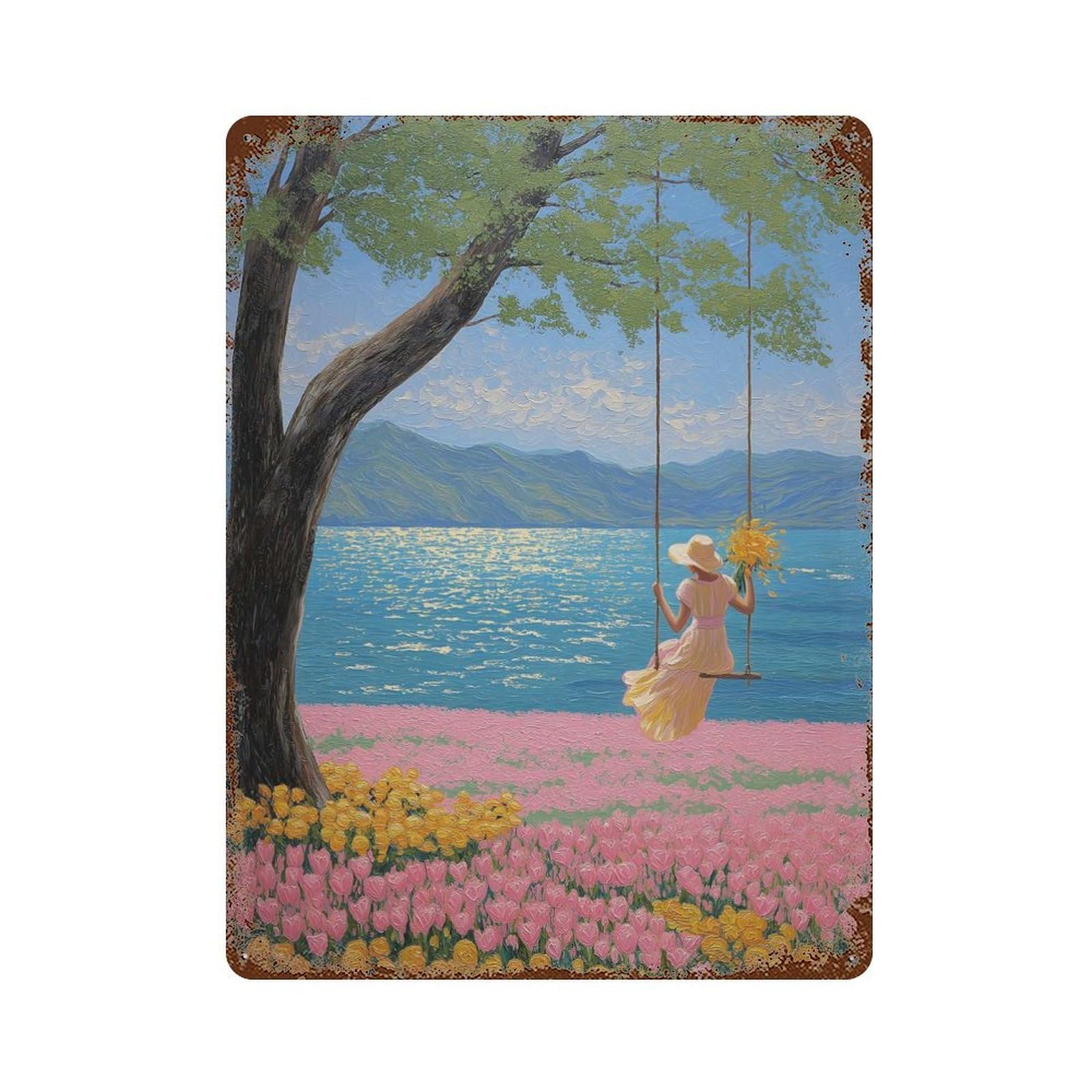Girl on Swing by The Lake Decorative Tin Sign 15.7"x11.8", Rustic Home Decor for Cafe, Home Bar And Lounge Decor