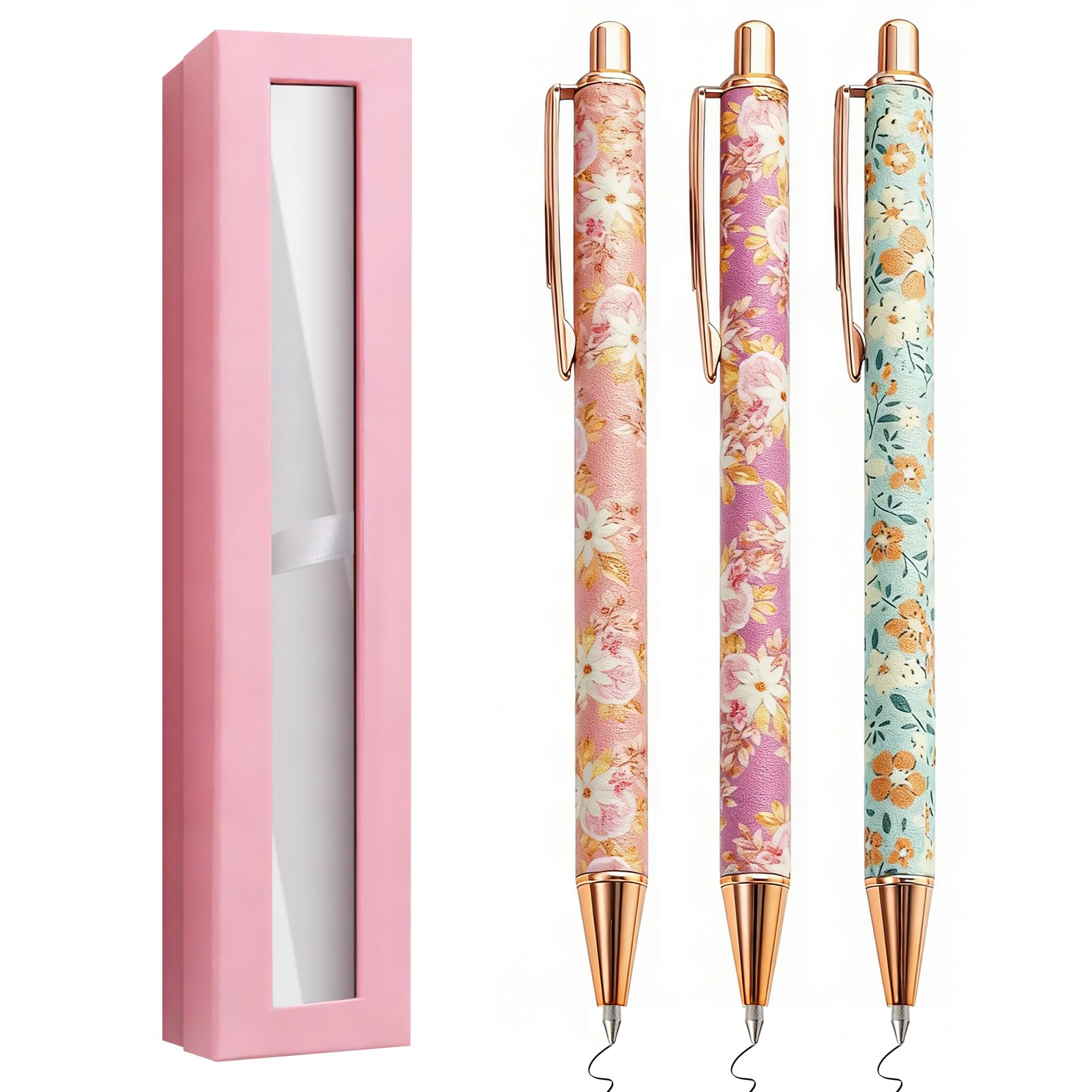 3 PCS Floral Art Ballpoint Pen Retractable Metal Flower Fancy Pens Set Stationery Gifts Pretty Pen Set with Gift Box Smooth Writing for Girls Student Teacher Classmate Birthday School Office Gifts