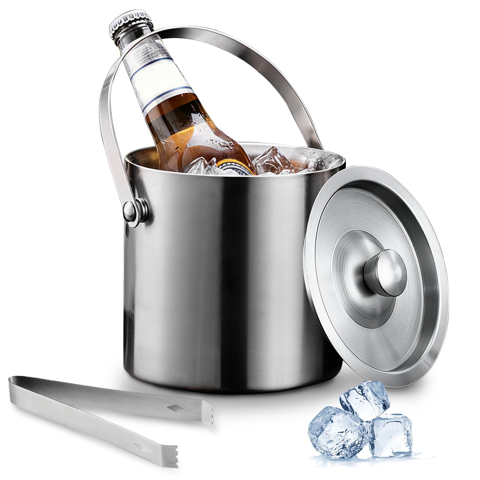 Double Walled Insulated Stainless Steel Ice Bucket 1.6L with Lid & Ice Tongs - Keep Ice Frozen Longer, Ideal for Champagne, Wine, Beer, Home Bar, Parties, BBQ and Restaurant Use
