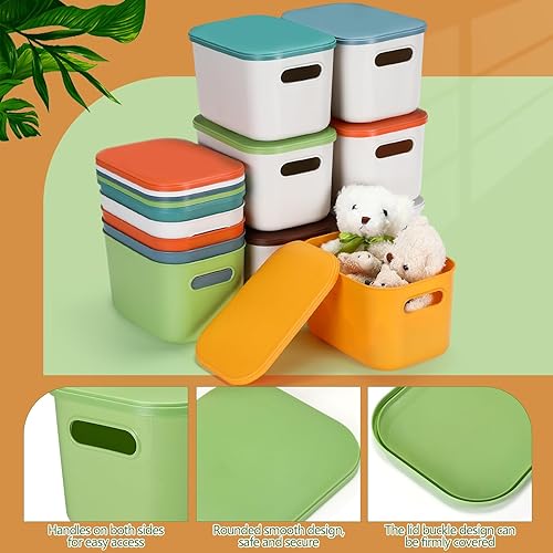 Miniatura 10 de Thyle Paquete de 12 contenedores de almacenamiento de plástico con tapas y asas, coloridas cajas de almacenamiento apilables de escritorio con