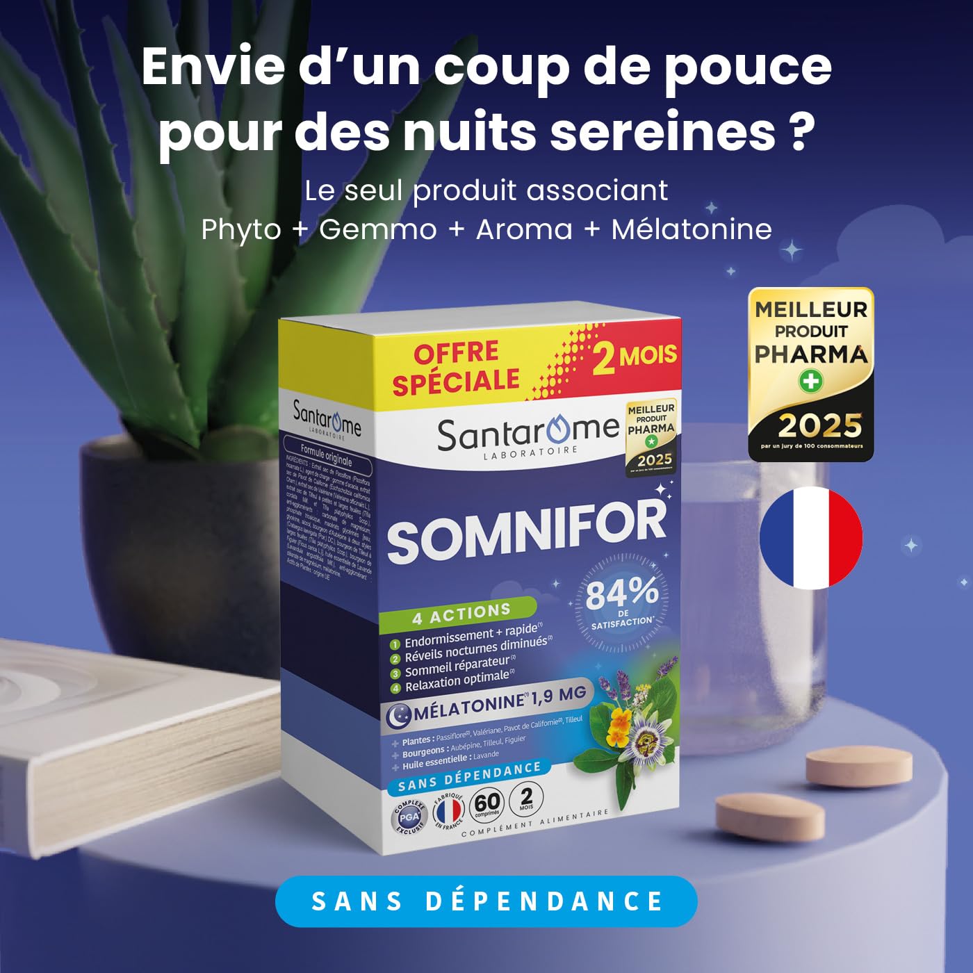 Santarome - Somnifor 4 actions - Complément alimentaire - Mélatonine 1,9 mg, Plantes - Sommeil réparateur - Format 2 mois - Made In France