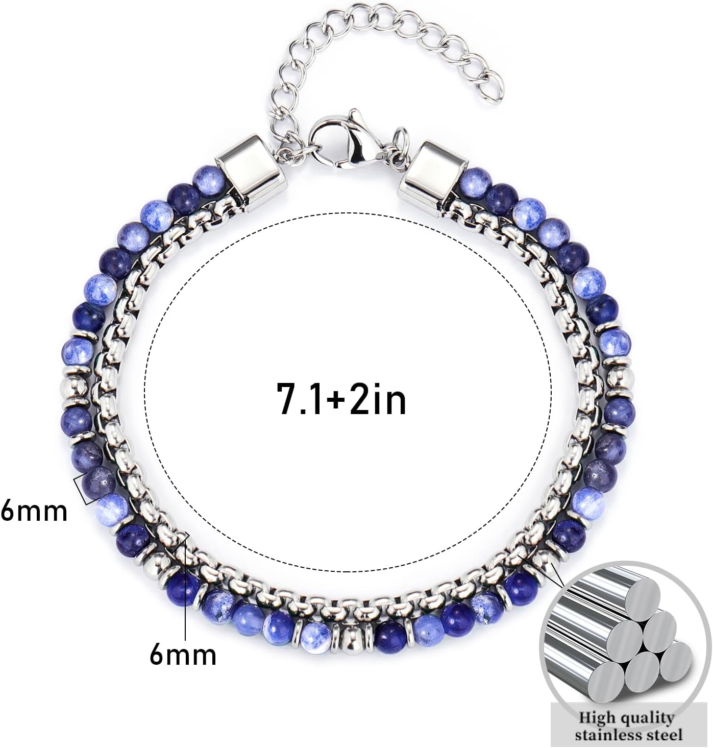 Stainless Steel Beaded Bracelets for Men: Double-Row 6MM Natural Stone Beads Mens Bracelet Crystal Jewelry Bring Luck Prosperity - Cool Anniversary Birthday Gifts for Men Him Man Boyfriend Son Dad - Image 5