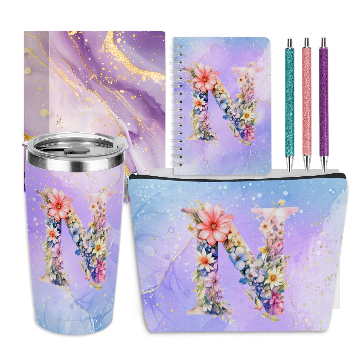 Personalized Gifts Monogrammed Birthday Gifts for Women, Colleague, Female Farewell Christmas, Initial 20 oz Tumbler, Makeup Cosmetic Bag Cup Pens