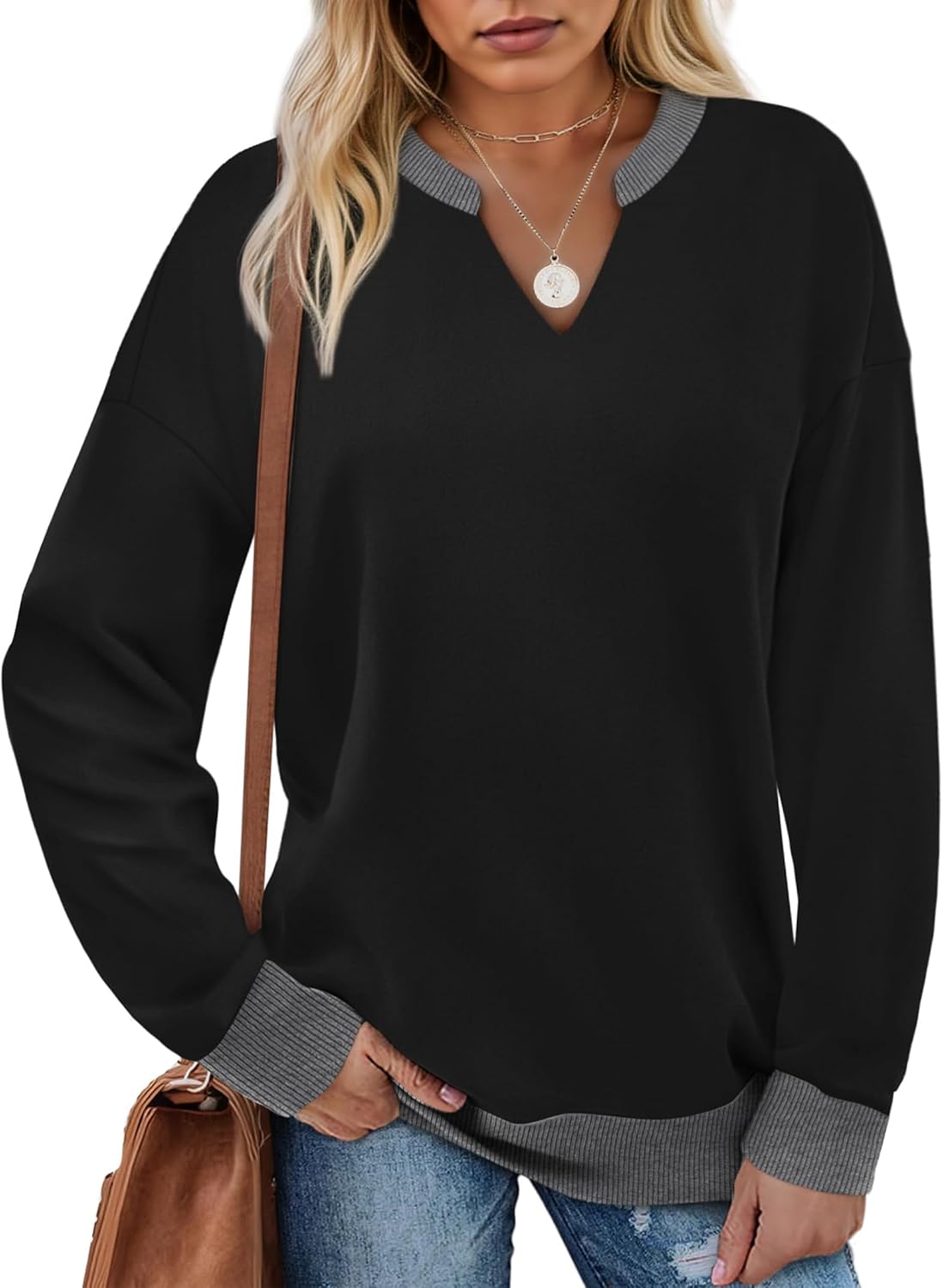 LilyCoco Womens Long Sleeve V Neck Sweatshirt Casual Color Block Pullover Sweatshirts