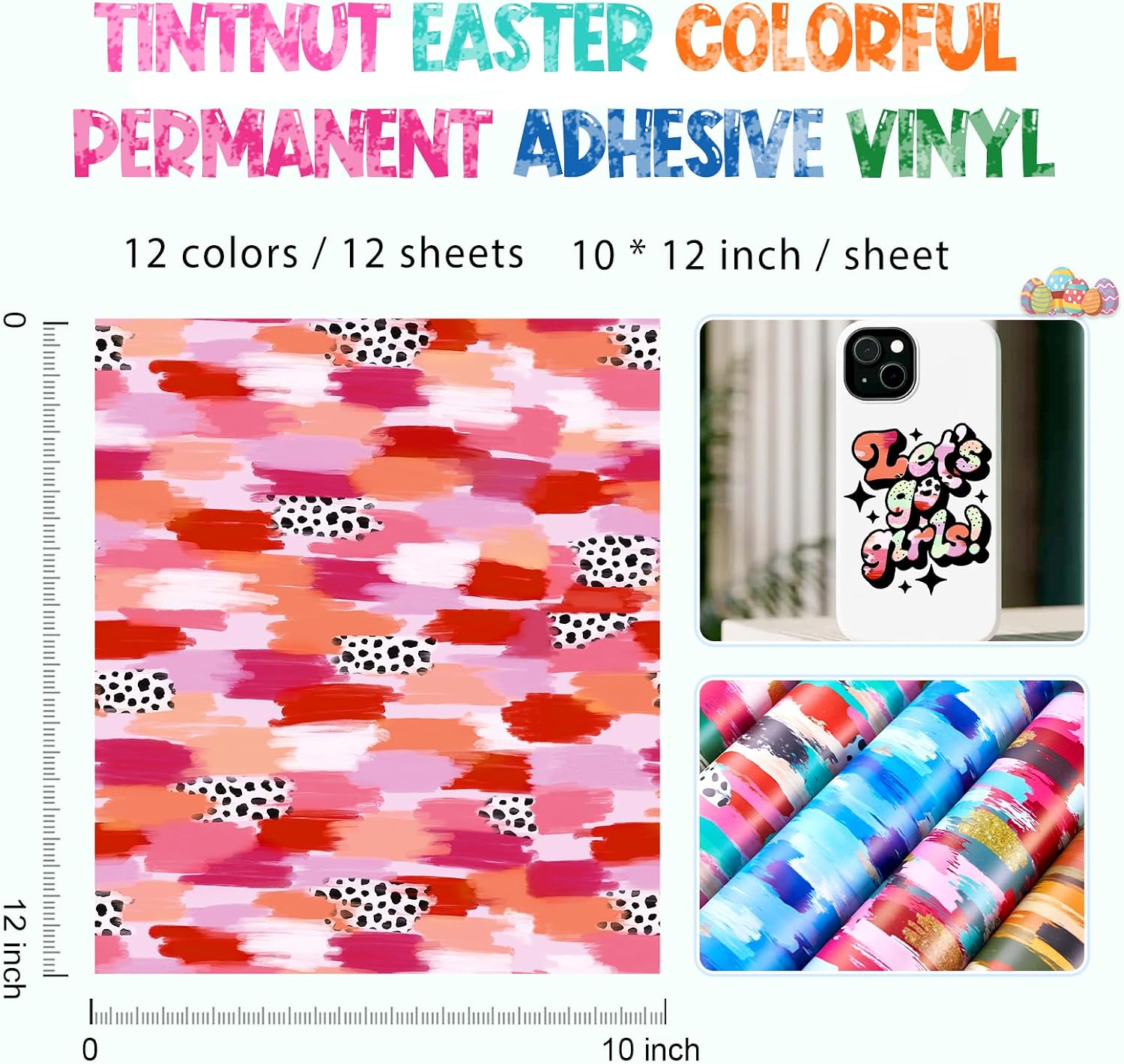 Tintnut Tie Dye Permanent Adhesive Vinyl - 12 Sheets 12''x10'' Colorful Brush Texture Self-Adhesive Vinyl for Cutting Machine, Waterproof Vinyl for DIY Personalized Gifts & Craft Projects