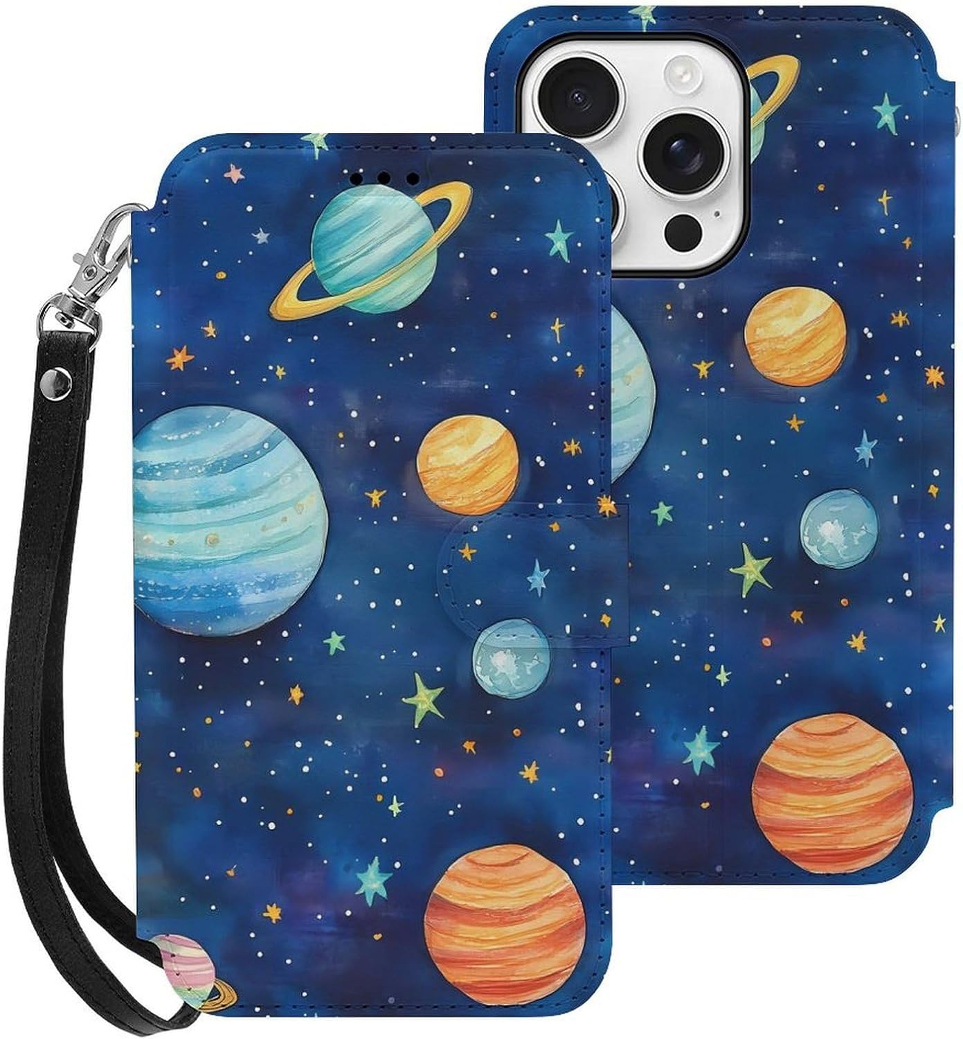 Watercolor Galaxy Solar System Compatible with iPhone 16/16 Plus/16 Pro/16 Pro Max/16 E Case Phone Wallet Card Holder Flip Cover with Wrist Strap