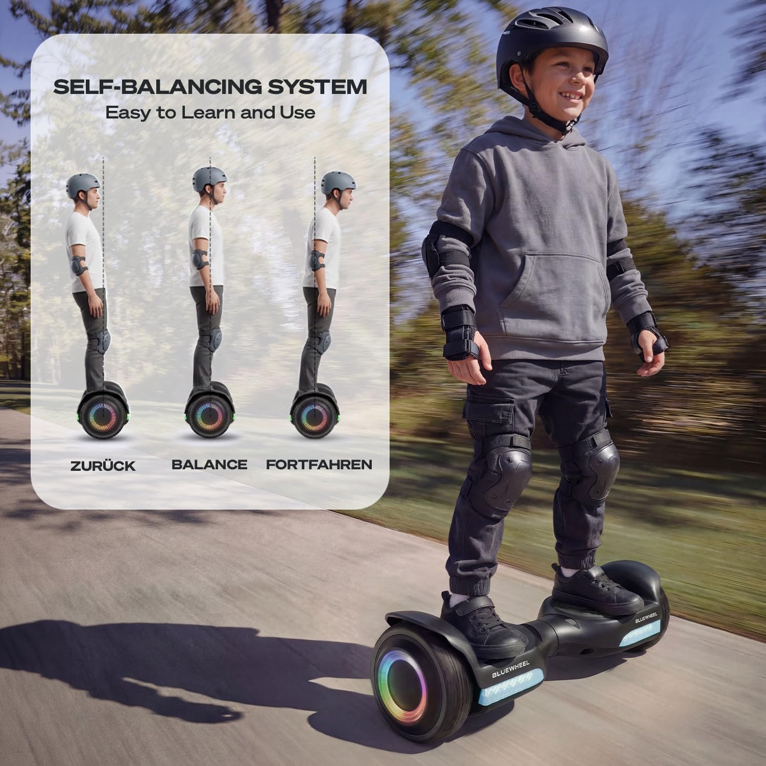Bluewheel HX720 Hoverboard Enfant 6,5 Pouces, Double Moteur 500W, Bluetooth | Marque allemande, haut-parleur Bluetooth, roues LED, 12 km/h max, autonomie 13 km, auto-équilibrage, pour enfants et adultes