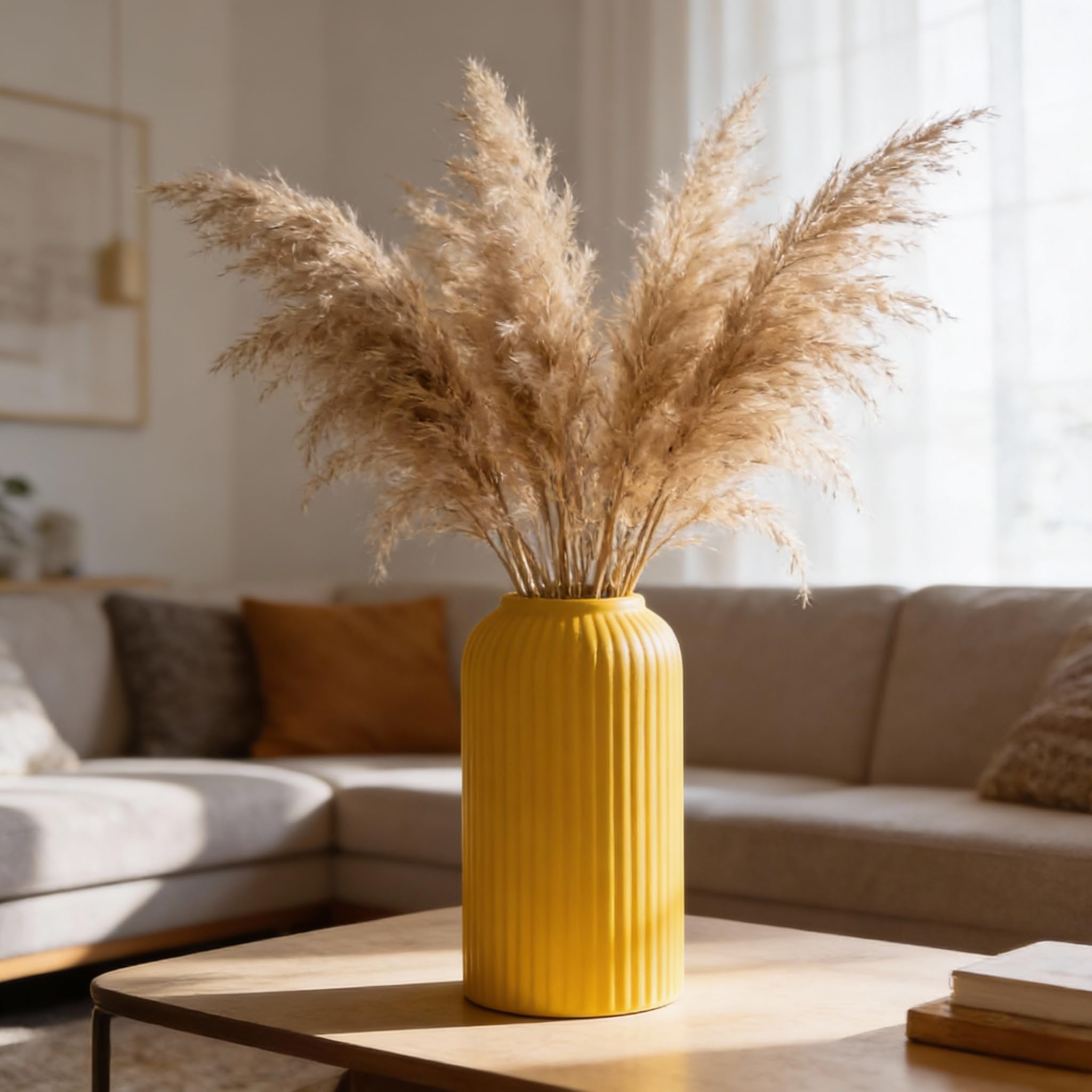 Yellow Ribbed Ceramic Flower Vase 6 Inch Matte Pampas Grass & Dried Flower Vase for Home & Office Table Decor Decorative Centerpiece Gift – Vase Only-image-46