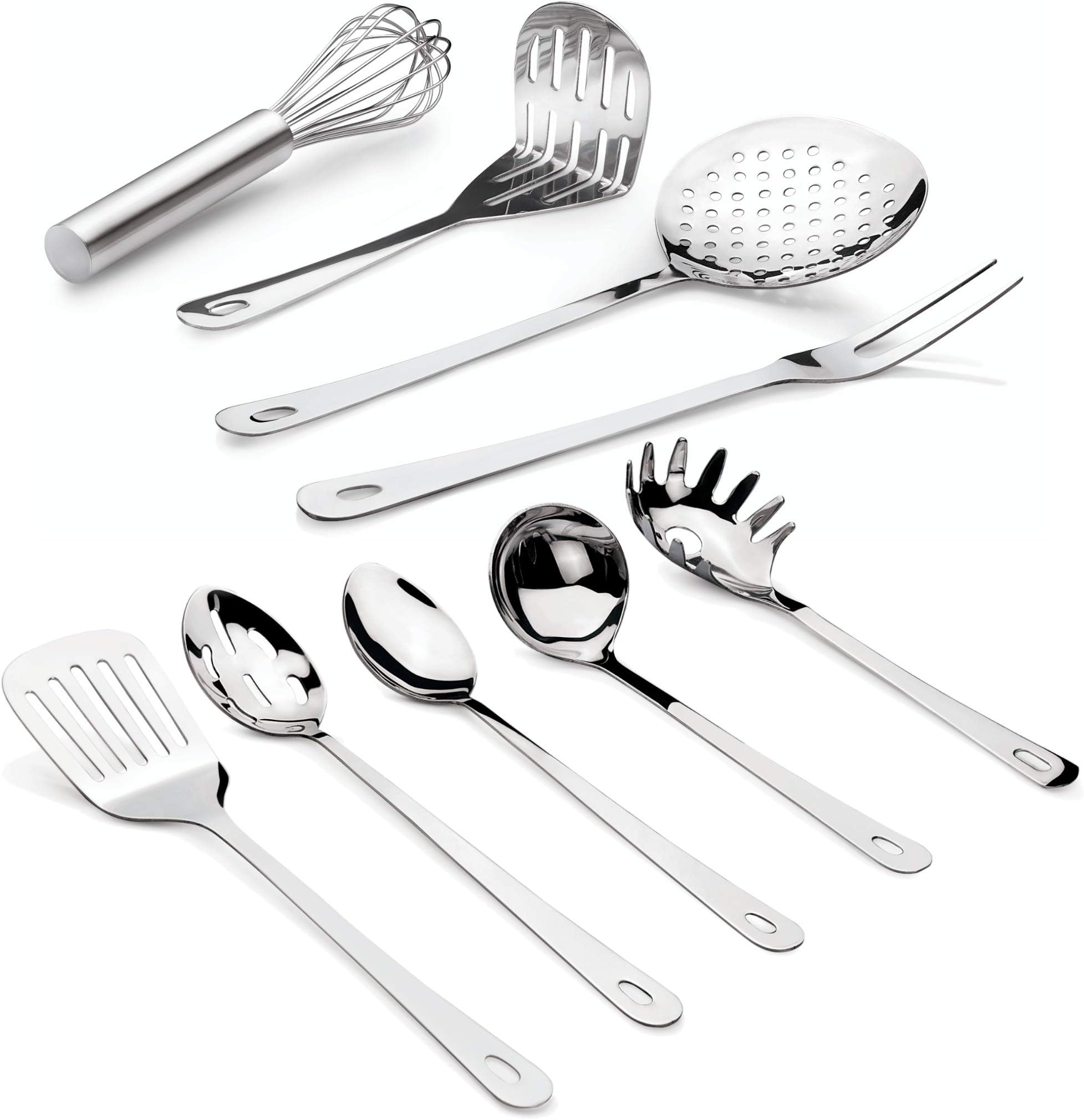 Premium 9 Piece Stainless Steel Cooking & Serving Set - Slotted Turner & Spoon, Solid Spoon, Large Fork, Ladle, Skimmer, Whisk, Potato Masher & Pasta Server - Heavy Gauge Durability - Mirror Finish