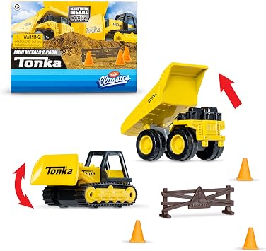 Mini Classics - Tonka 2-Pack Metal Movers Dump Truck and Bulldozer with 3 Traffic Cones and Barrier Fence, Ages 3+ for Boys and Girls, Ideal for Kids, Toddlers