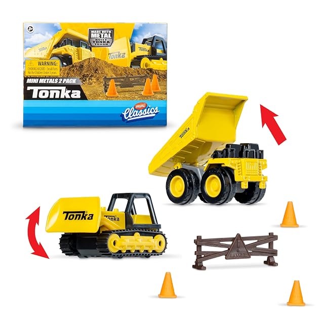 Mini Clásicos - Tonka Pack de 2 (Metal Movers Camión Volquete y Bulldozer con 3 Conos de Tráfico y Valla de…