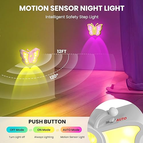 Miniatura 3 de LOFTEK Luz recargable con sensor de movimiento, cambio de color RGB y luz nocturna regulable, bonita luz de mariposa para dormitorio de niños, baño,