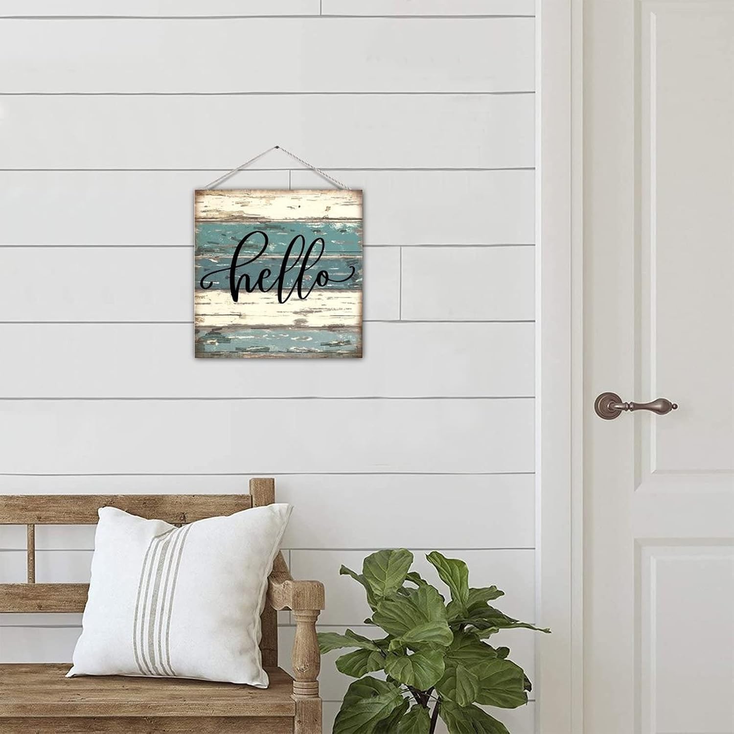 Decorative Wooden Sign Plaque Front Door Welcome Sign Hello Rustic Wood Plank Board Wall Pediment Country Farmhouse Wall Decorations for Yard Porch Rustic Farmhouse Decorations 12x12in