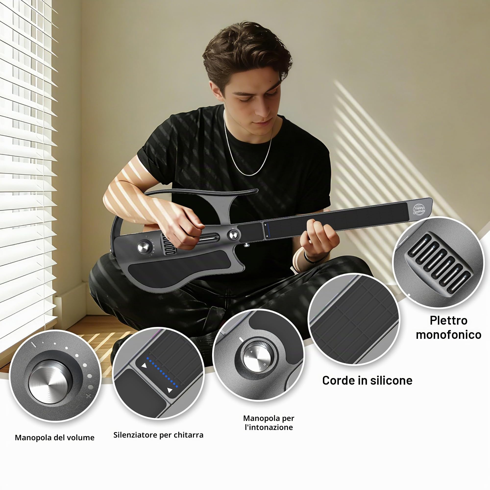 Chitarra intelligente senza corda, portatile e pieghevole con controllo app, generatore di accordi, batteria integrata e altoparlante, 100 toni sonori per principianti e bande, (Nero)