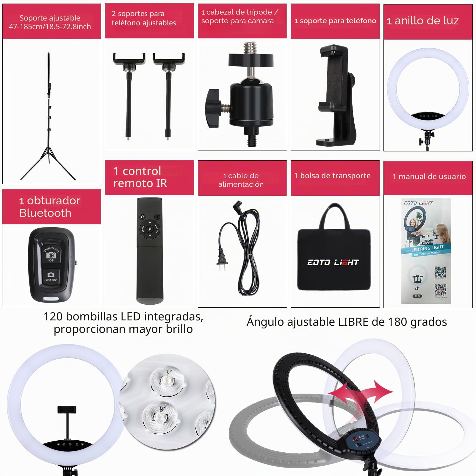 EOTO Light Anillo de luz LED de 19 pulgadas con soporte de trípode para maquillaje, retrato, vlog de YouTube, grabación de video, incluye bolsa de transporte y control remoto