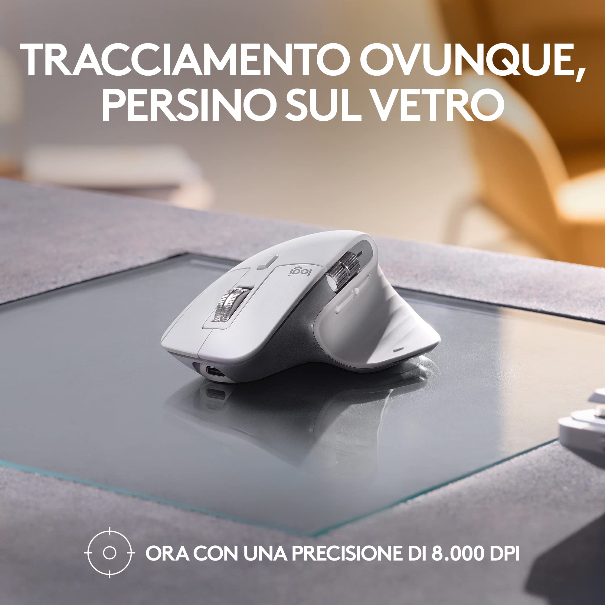 Logitech MX Master 3S per Mac - Mouse Bluetooth a scorrimento ultraveloce, ergonomico, 8K DPI, tracciamento su vetro, clic silenziosi, USB-C, Apple, iPad - Grigio chiaro