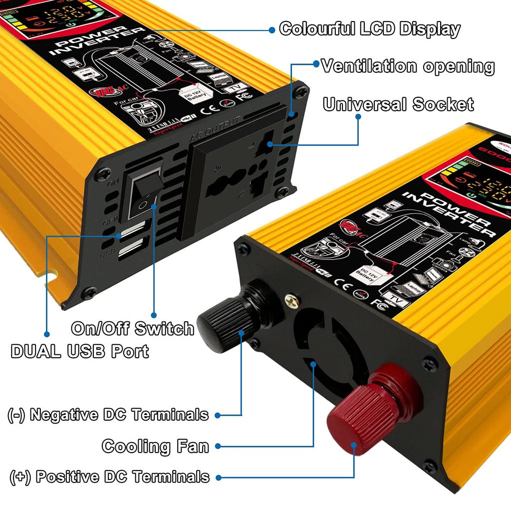 FONOBO 500W Car Power Inverters, Power Inverter 12V to 110/220V AC Converter with Dual AC Outlets 2.4A USB Inverter for Truck/Rv/Car,Yellow-220V
