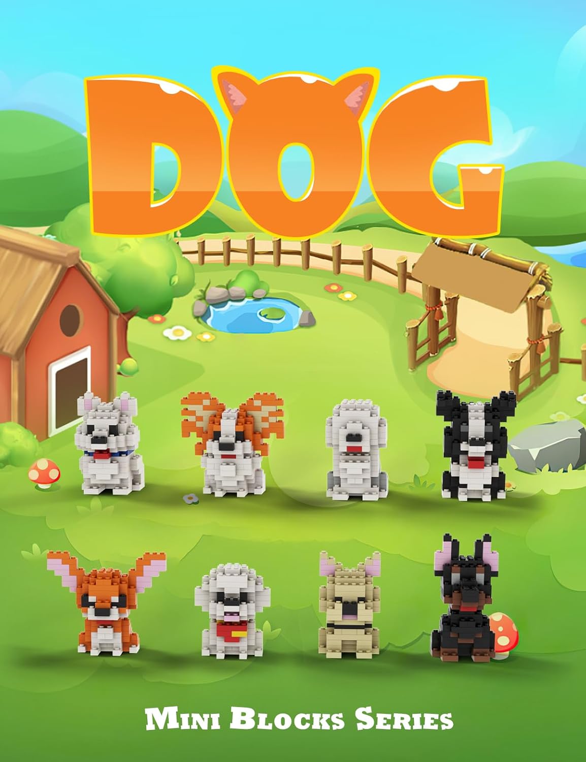 Eight assembled SEMKY Micro Mini Blocks dog models displayed in a vibrant cartoon outdoor setting.