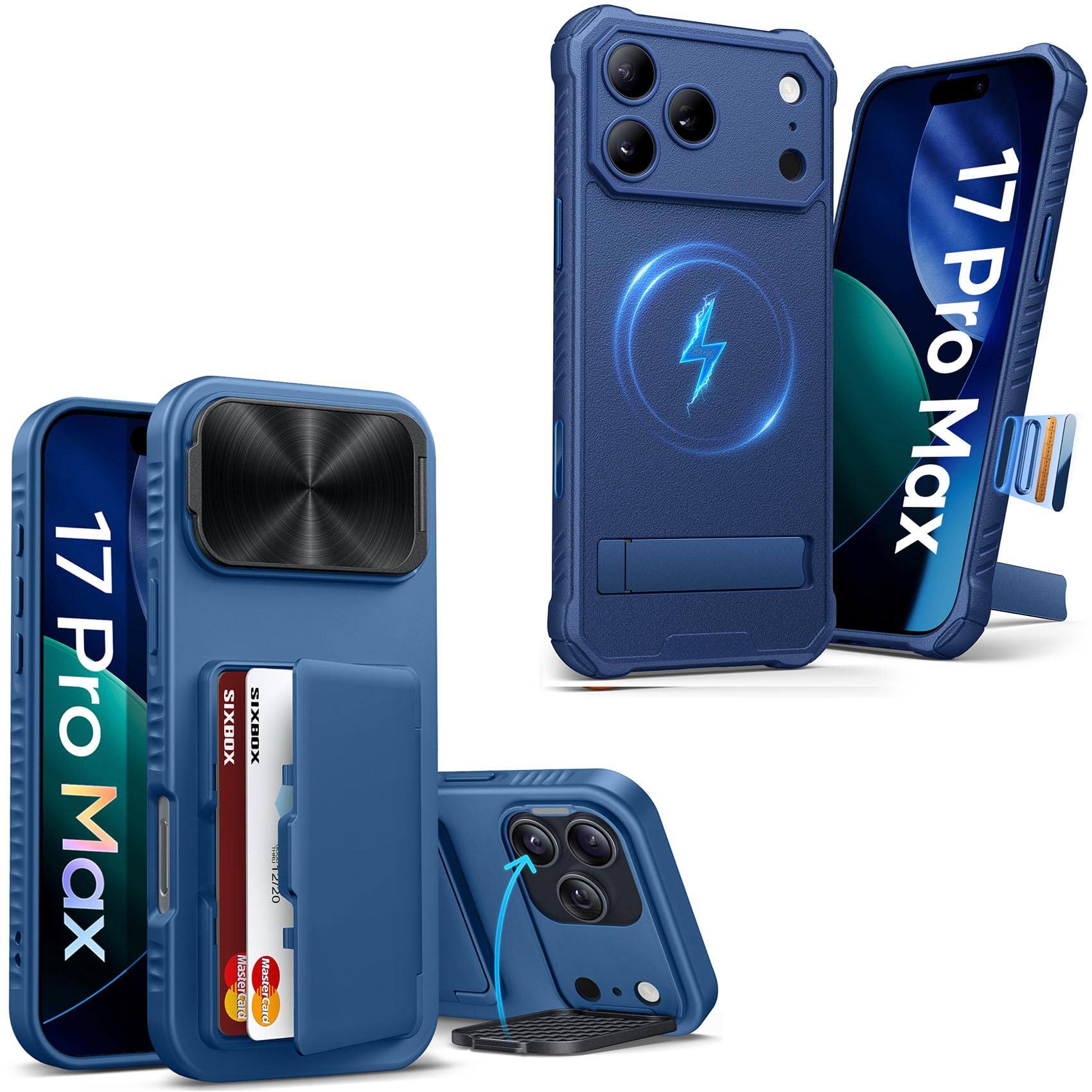 SIXBOX for iPhone 17 Pro Max Case with Card Holder, Built-in Stand & Camera Lens Cover, [Military Grade Drop Tested] Rugged Protective Phone Cover Case for 17 Pro Max 2025, Blue