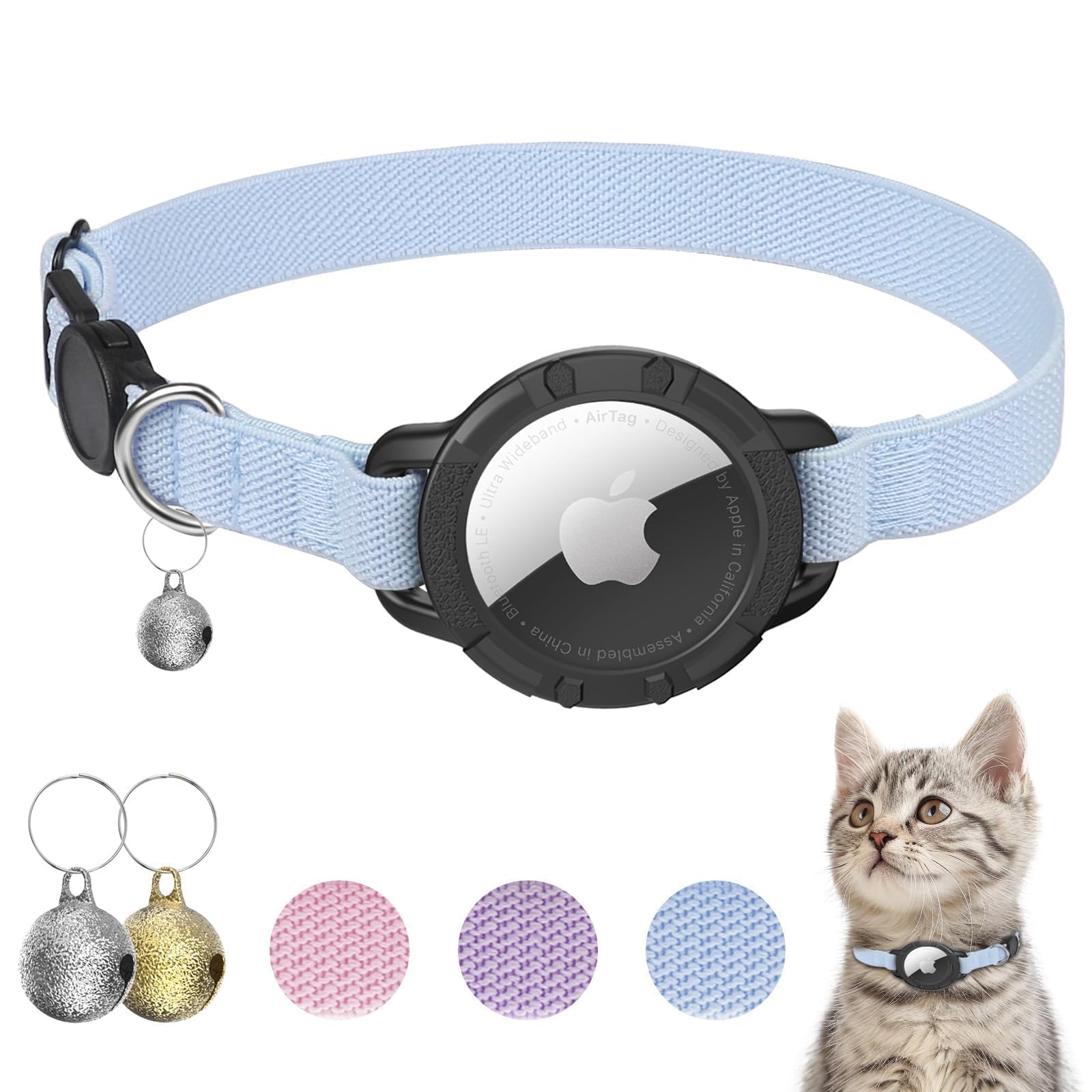 Collare Airtag Gatto, Collare Estensibile con Protezione Airtag e Campanellino, Leggero e Confortevole per Gatti di Tutte le Taglie (Blu)