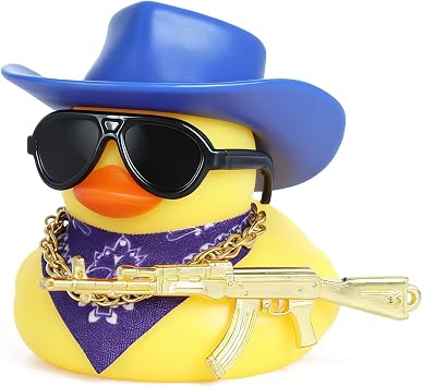 Cowboy Rubber Duck Car Ornaments with Gold Gun, Bandana, Cowboy Hat, Sunglasses, Necklace, Squeaky Car Dashboard Decor for Vehicles, Office, Home, Cool AccessoriesBlue Hat
