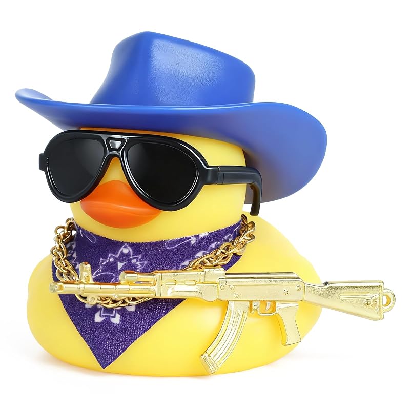 Pato de borracha decorativo para carro BOZILY com chapéu azul, óculos, bandana e acessório em formato de AK47