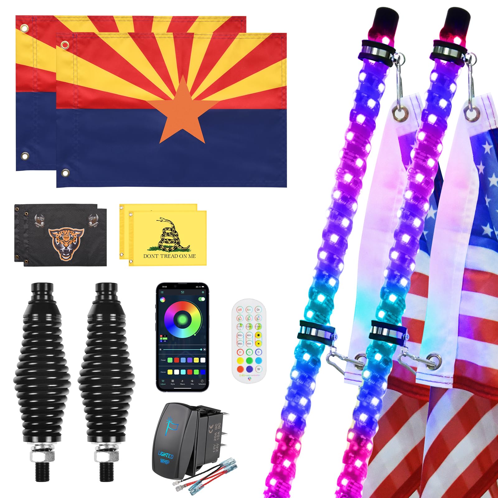 2 Pack 2FT Whip Lights with Spring Base (Include Arizona Flags), LED Whip Light with App & Remote Control, Spiral RGB Chasing Lighted Antenna Whips, Music Whip Light for UTV ATV RZR Can-Am