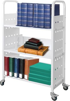 عربة كتاب ، 200LBS مكتبة سلة التسوق 3-Shelf ، عربة درفلة على شكل حرف L على جانب واحد مع عجلتين مؤمنتين لأرفف المنزل مكتب شاحنة كتاب ، أبيض