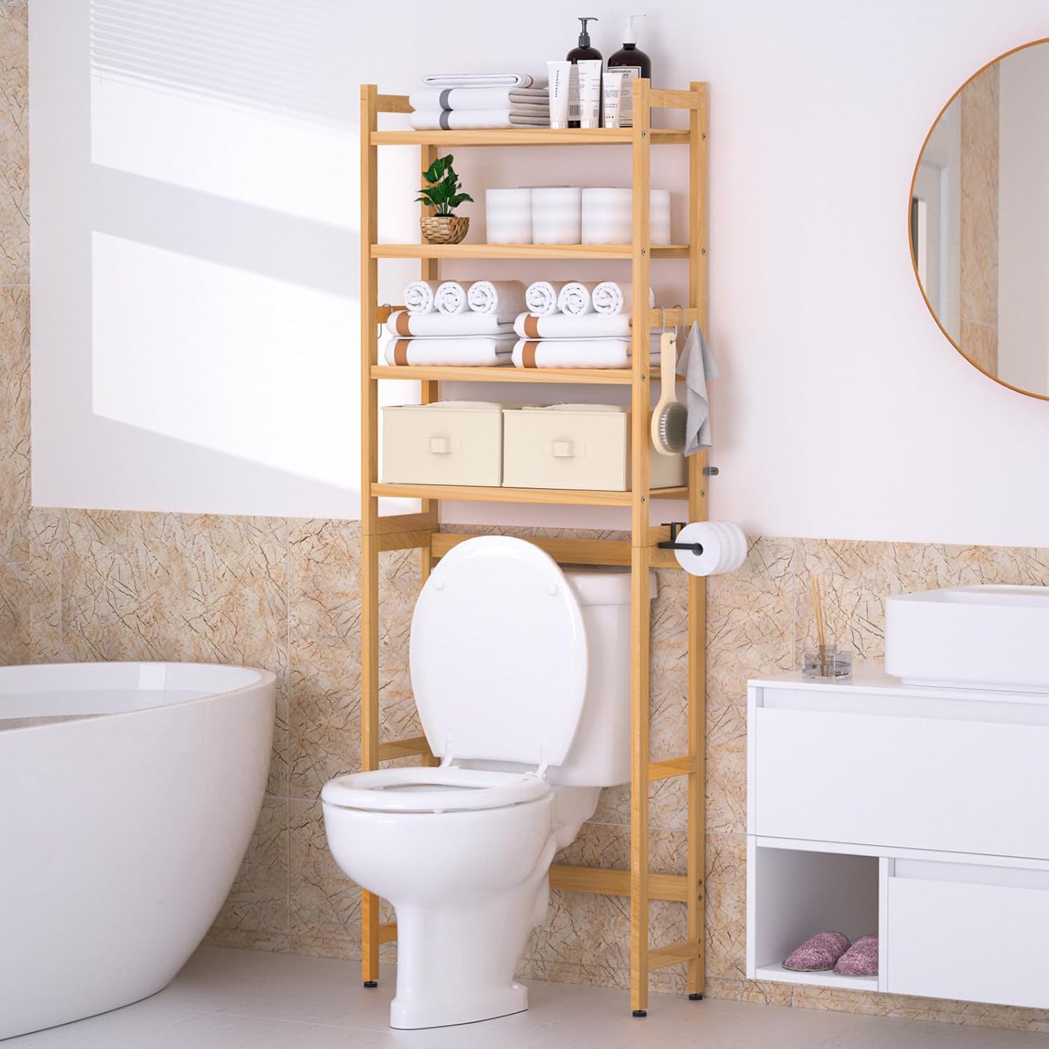 Over The Toilet Storage with 2 Baskets, 4-Tier Bamboo Organizer Rack with Paper Holder & 4 Hooks & Waterproof Feet Pad,Freestanding Shelf for Bathroom(Natural)