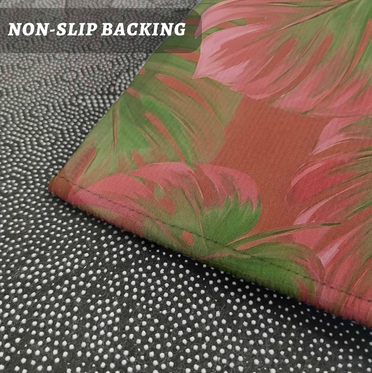 Teamery Kitchen Mats for Floor Watercolor Summer Pink Green Monstera Washable Non Slip Kitchen Rugs 1PCS, Coastal Plants Absorbent Standing Mats for Sink Bathroom Office Living Room 23.6x70.9in