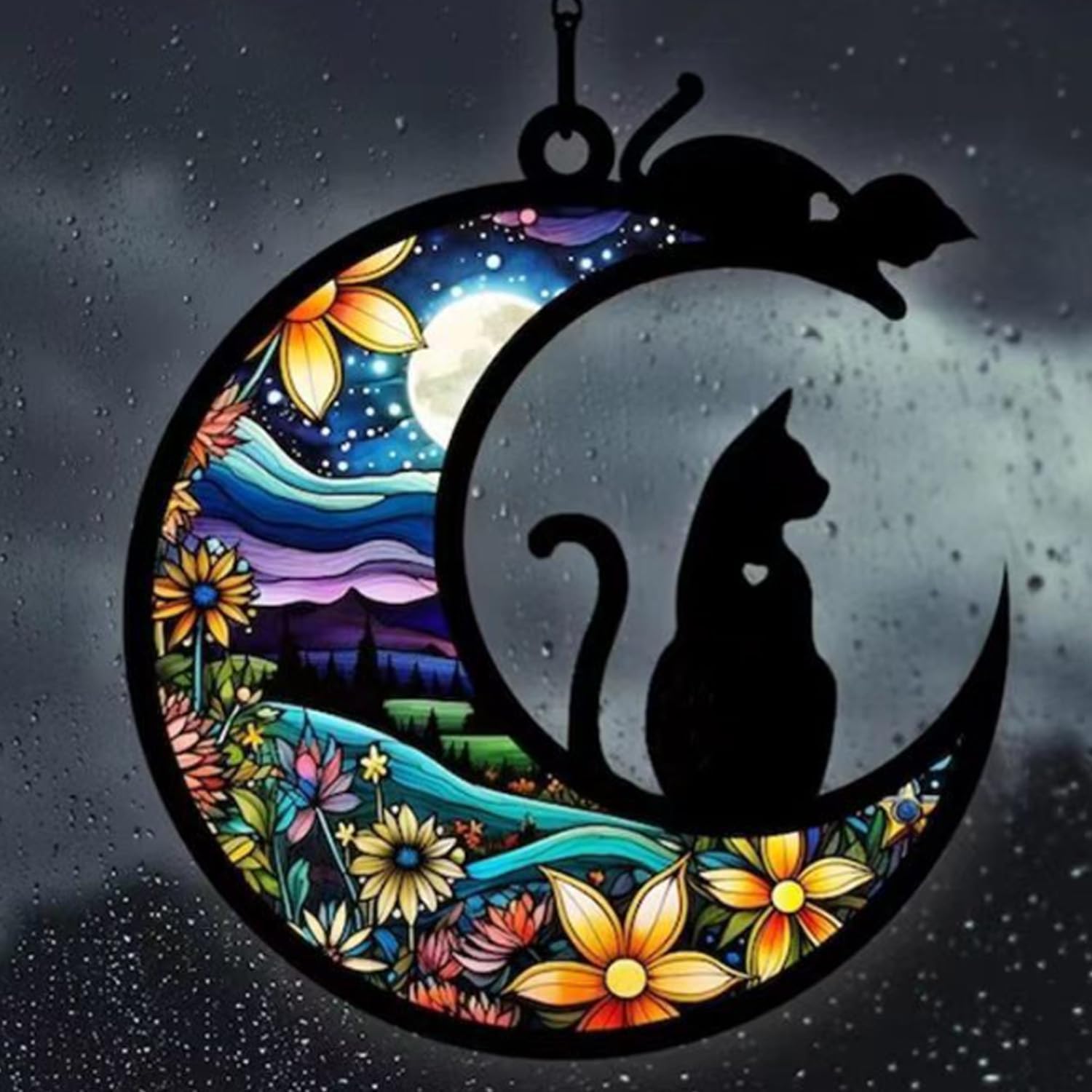 Cat Memorial Suncatcher,Cat Memorial Gifts for Loss of Cat Remembrance Gifts Stained Glass Window Hanging，Gifts for Cat Lovers, Christmas Halloween Cat Ornament Window Hangings