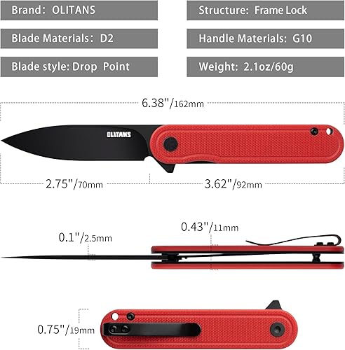 Miniatura 3 de OLITANS Cuchillo de bolsillo G040, hoja de acero D2 de 2.75 pulgadas, mango G10, pequeño cuchillo EDC con clip de bolsillo para hombres y mujeres,