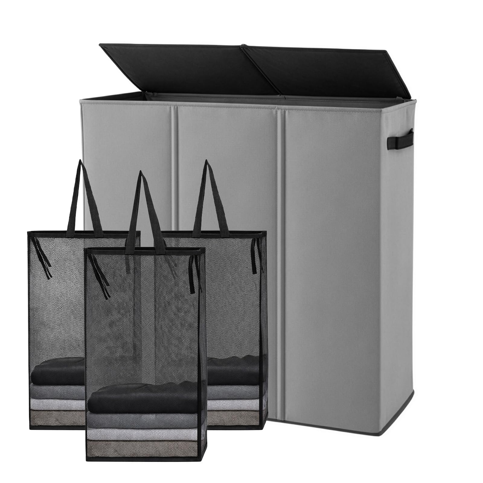 GreenWhim 3 Section Laundry Hamper with Lid and Removable Laundry Bags Freestanding Laundry Basket Sorter Foldable Clothes Hamper Organizer for Bedroom Laundry Room Bathroom (Grey, 160L)