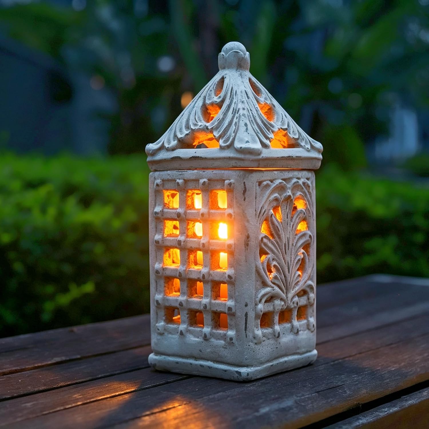 French Country Candle Lantern 15”H Grid-Carved Distressed White Decor Gift | French Country Square Ceramic Lantern with Hollow Grid Carving Distressed Decor for Patio Casts Warm Light Home Decor Gift