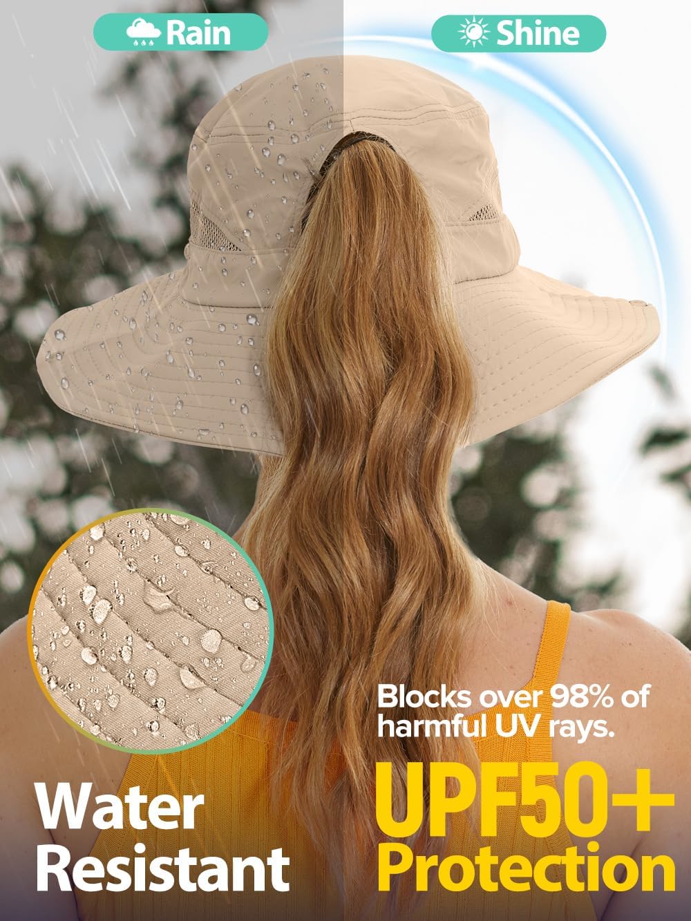 Sun Bucket Beach Hats for Women with Ponytail Hole,Sun Protection UV UPF50+ Waterproof Fishing Safari Hiking Hat - Image 5