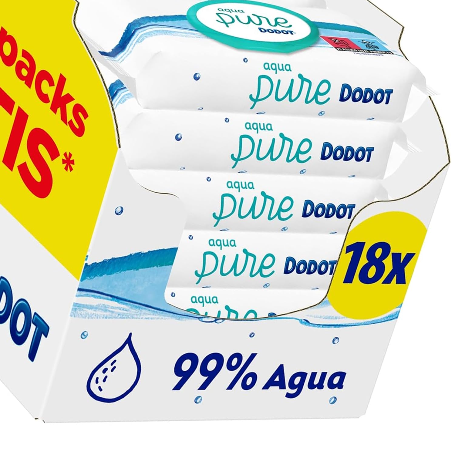 Dodot Aqua Pure Lingettes pour bébé, 99 % d'eau, 864 lingettes, 18 paquets (18 x 48)