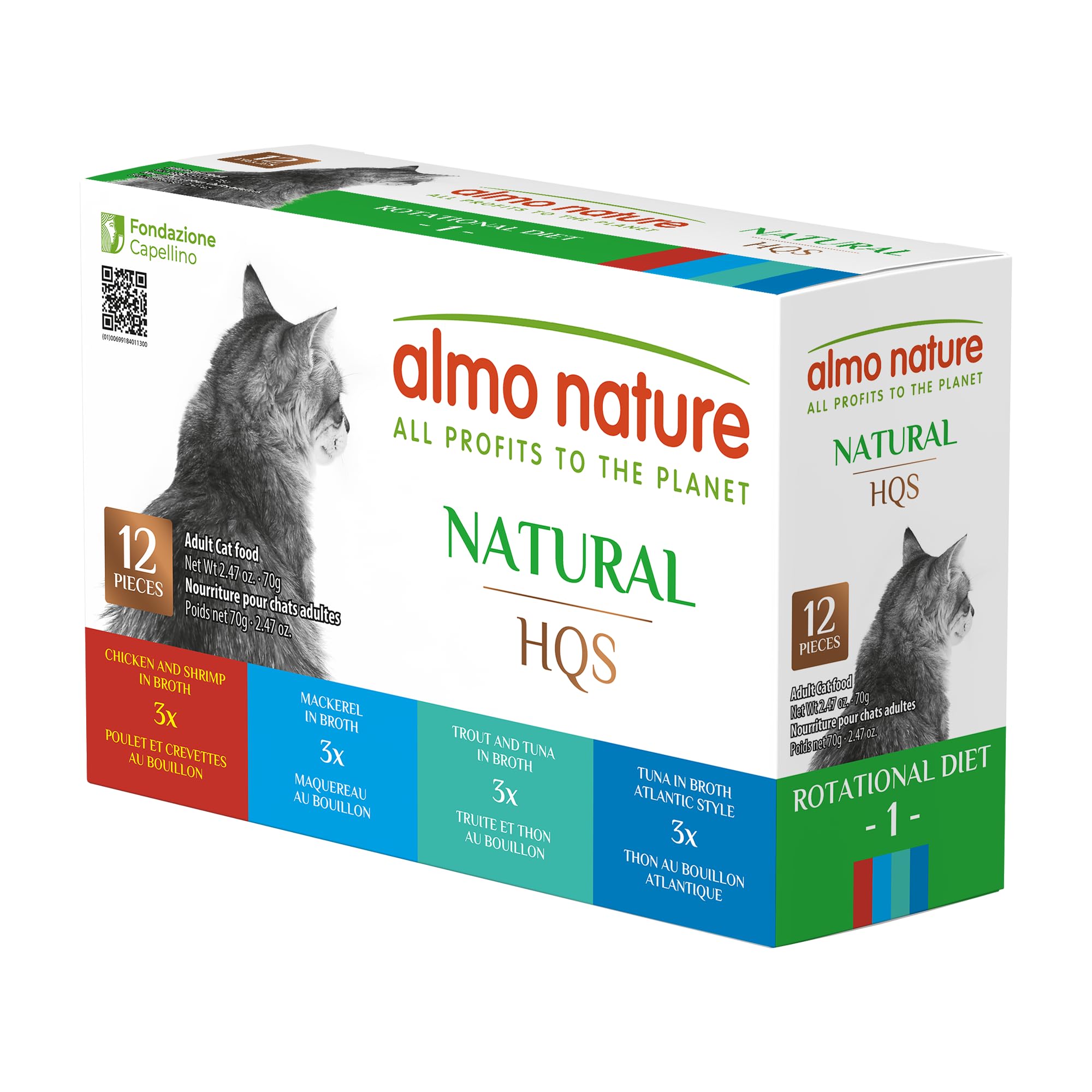 almo nature Wet Cat Food HQS Natural Rotational Diet Fish Selection & Chicken with Shrimp- Variety Pack, Grain Free, Additive Free, Highly Digestible, Preservative Free 2.47-oz, 24 Pack.
