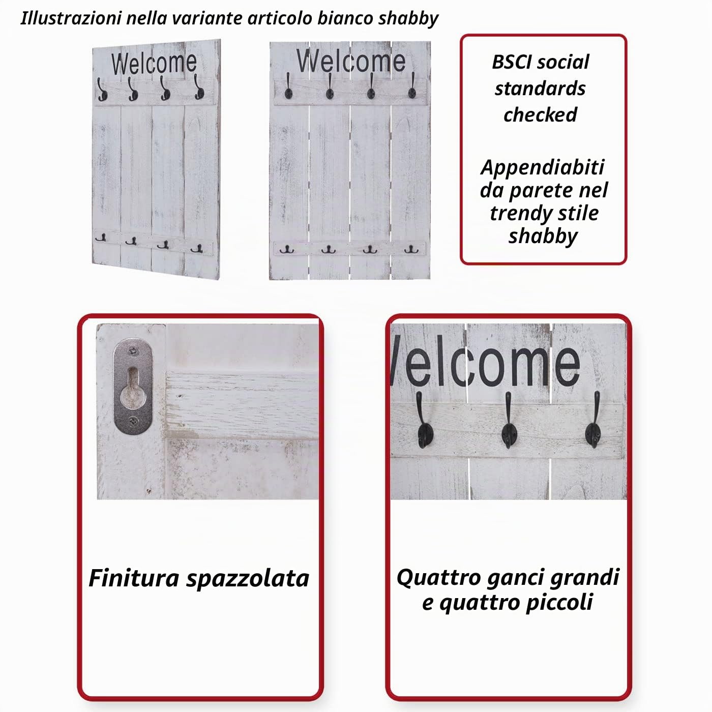 Mendler Appendiabiti guardaroba attaccapanni shabby vintage HWC-C89 90x60cm Welcome marrone