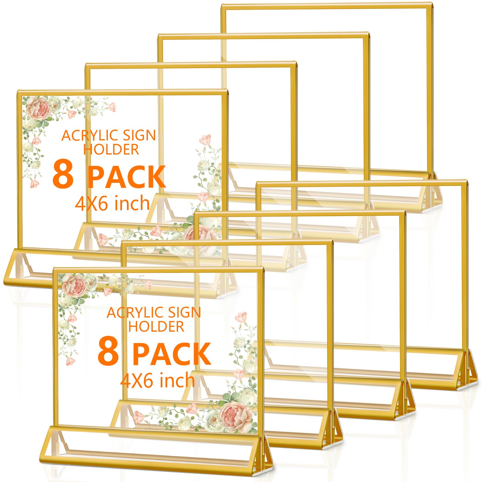 Paquete de 8 soportes acrílicos para letreros con borde dorado, marcos de fotos transparentes de doble cara, soportes de números de mesa de 6 x 4, soportes horizontales para menú para boda