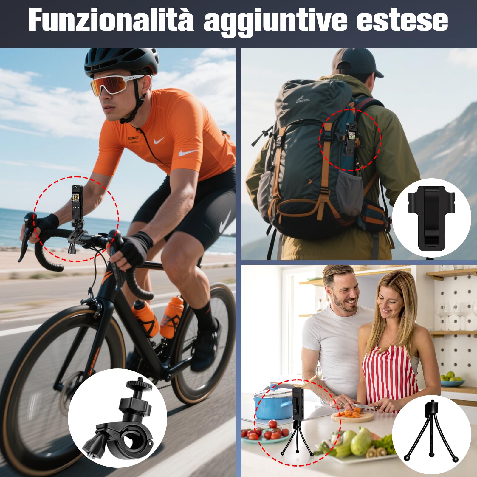 Mini Body Cam HD 1080P, Action Cam Portatile, Telecamera Casco Moto con Audio Rotazione di 180°con Visione Notturna Rilevamento del Movimento per Vlog, Ciclismo, ecc. Attività al chiuso/all'aperto