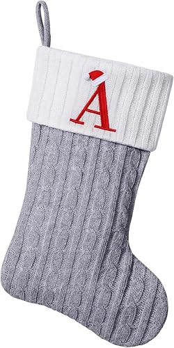 Yehnois Medias de Navidad con monograma de punto gris de 19.5 pulgadas. Calcetines de Navidad con inicial personalizadas, decoración de fiesta de