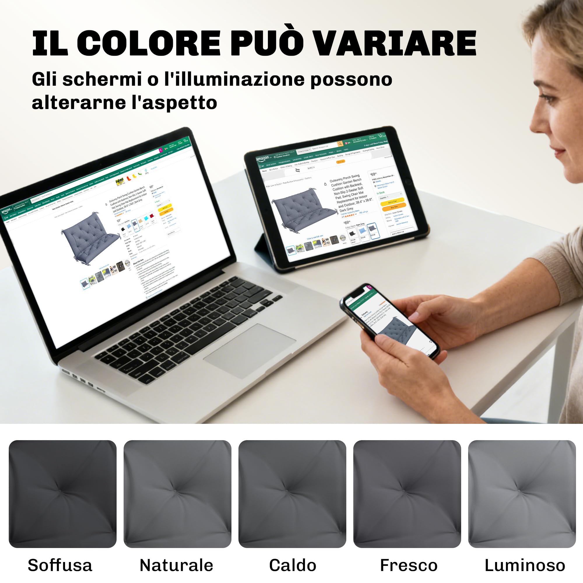 Outsunny Cuscino da Giardino Moderno per Sedute da Esterno con 6 Lacci, Cuscino da Esterno Imbottito in Cotone e Poliestere, per Divani Dondoli Panche, 100x98x8 cm, Grigio Scuro