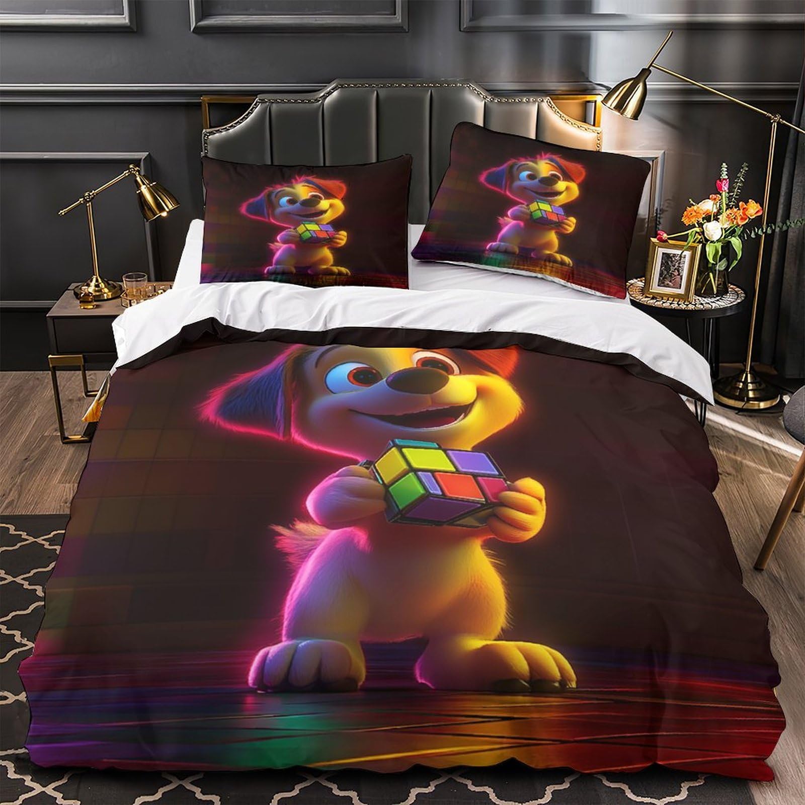 Housse de couette chiot mignon 3D en microfibre 135x200 cm avec 2 taies d'oreiller