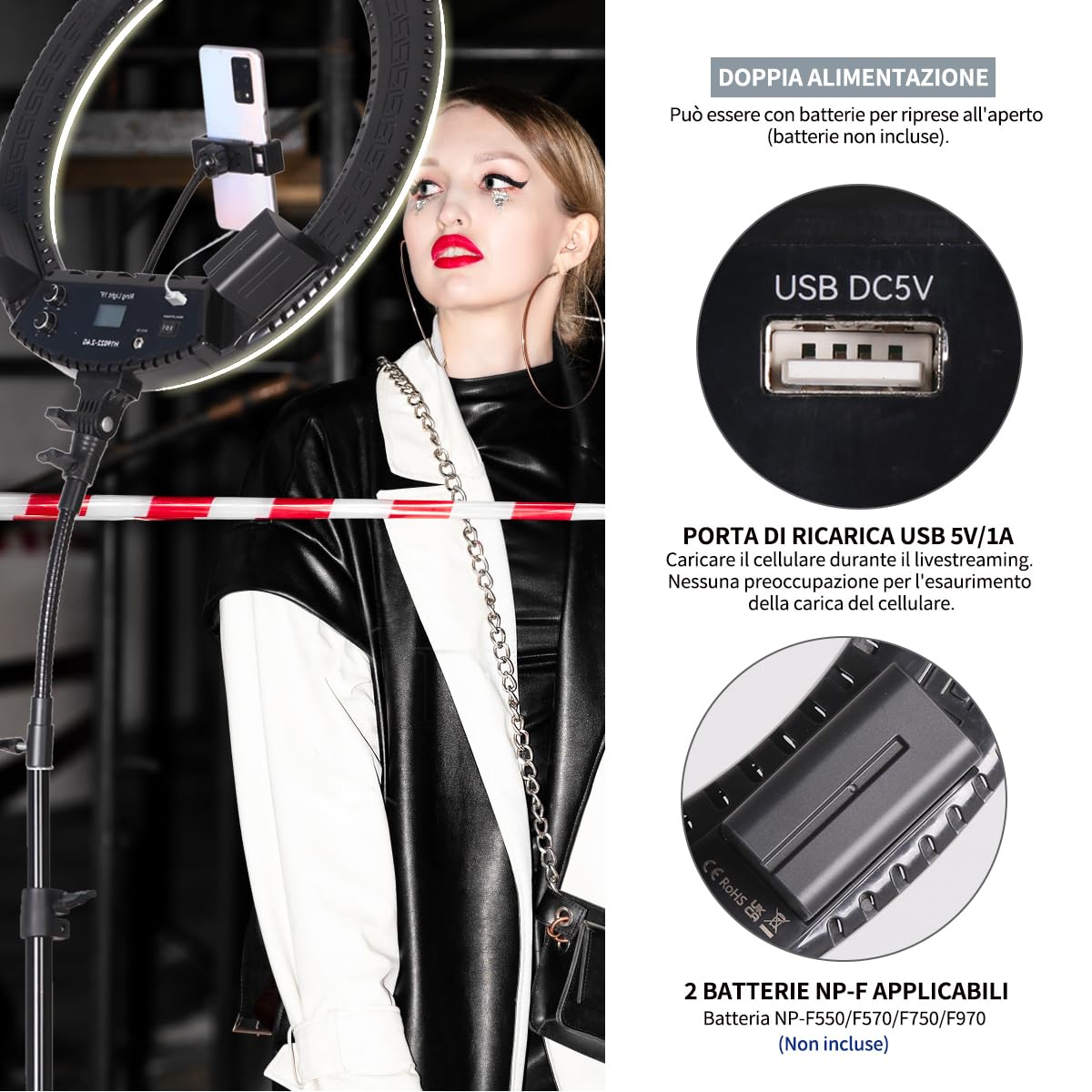 19" LED Ring Light Luce Anulare Kit con Stativo, Specchio e Supporto per Telefono per La Fotografia in Studio, Ritratto, Selfies, Live Streaming, Registrazione Video, Trucco di Bellezza