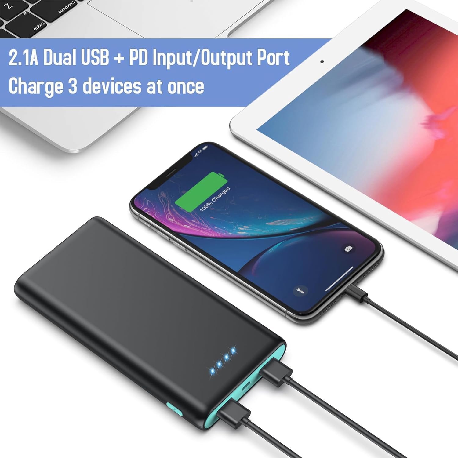 Ekrist Power Bank charging three devices simultaneously, showing dual USB-A and one USB-C port