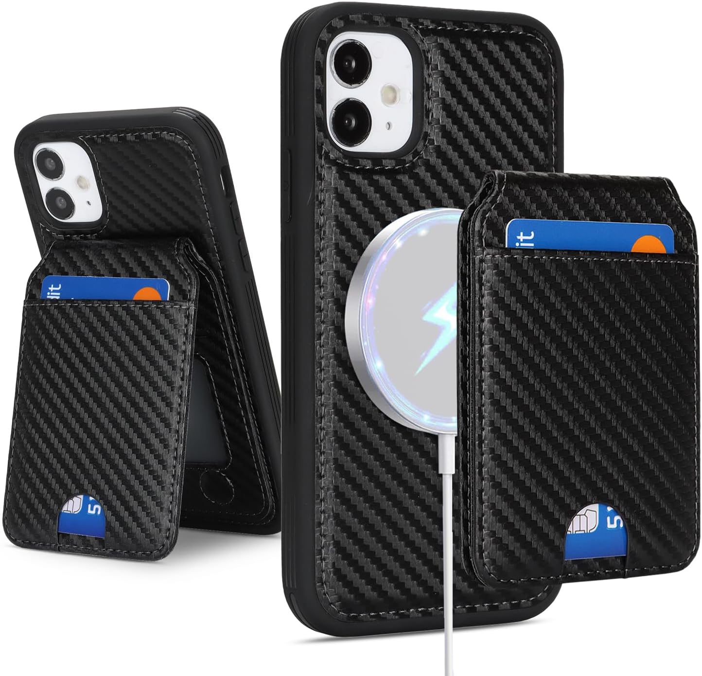 Ｈａｖａｙａ Magnetic Wallet Case for iPhone 11 - Detachable 2-in-1 Carbon Fiber Cover Compatible MagSafe，with Card Holder & Kickstand - Black