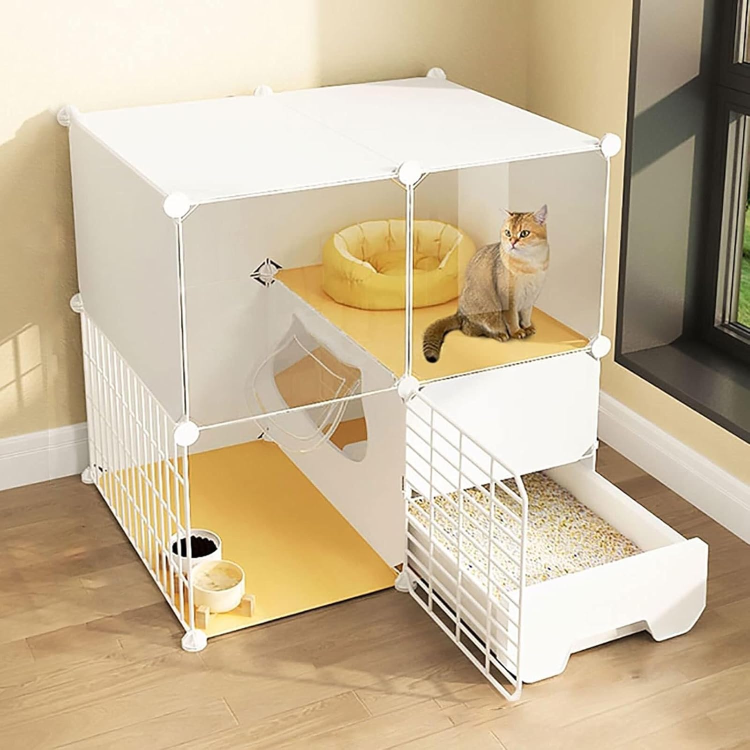 Large 2/3 Tier Indoor Cat Cage with Litter Box, Multi-Door Cat Playpen & Exercise Crate for 1-3 Cats, White(White,75x49x73cm)